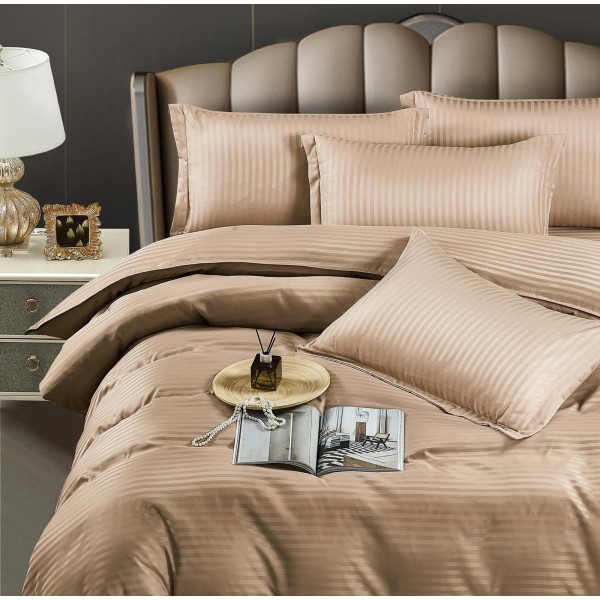 Lenjerie pat dublu, Damasc, 6 piese, Jojo, Bej-inchis, LDS-034