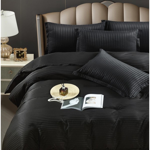 Lenjerie pat dublu, Damasc Finetat, 6 piese, Jojo, Negru, LDS-018