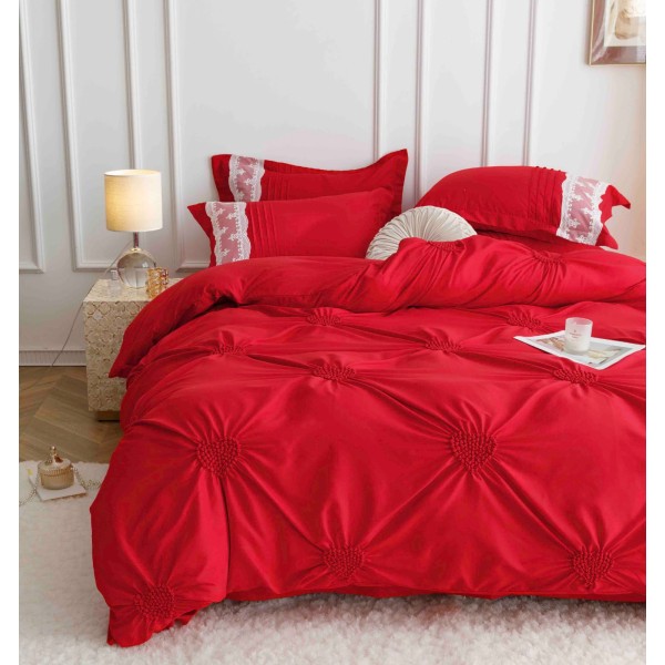 Lenjerie pat dublu finet 6 piese cu pliuri, inimioare și broderie-rosu, LIB-030