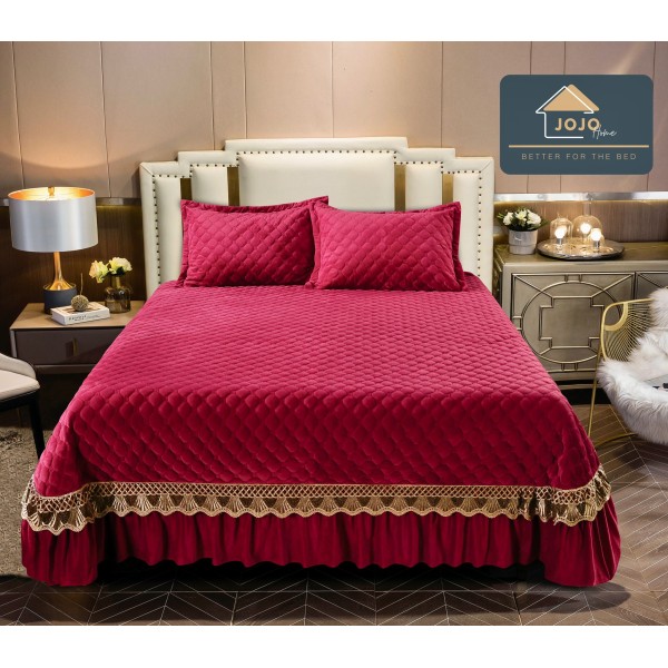 Cuvertura pat dublu, 3 piese, Catifea Matlasata cu Broderie Aurie, 250x270cm, Bordo, CCB-023