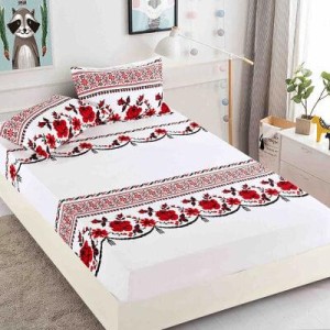 Husa pat cu elastic, Bumbac FINET, 180x200cm, 2 fete de perne 50x70cm, Alb-Rosu-Negru, model traditional, HDF-130