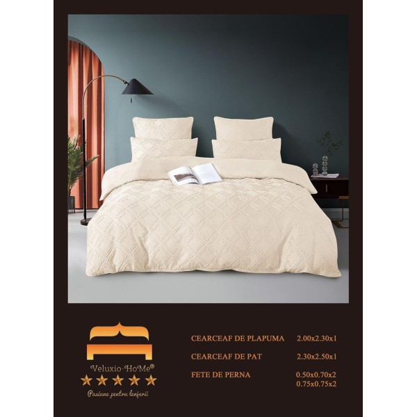 Lenjerie pat dublu, Finet Deluxe cu Smocuri Brodate, 6 piese, Crem, LSB-014