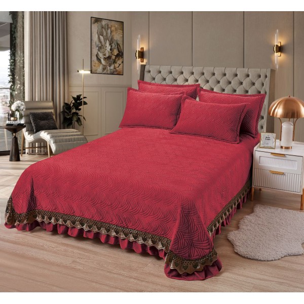 Cuvertura Din CATIFEA UNI Cu 2 Fete De Perna, cu volane, Bordo, CCV-023