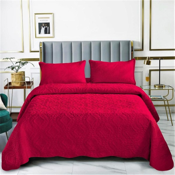 Set Cuvertura de Pat din Catifea, 3 Piese, Pat 2 Persoane, Rosu-Inchis, CCV-125