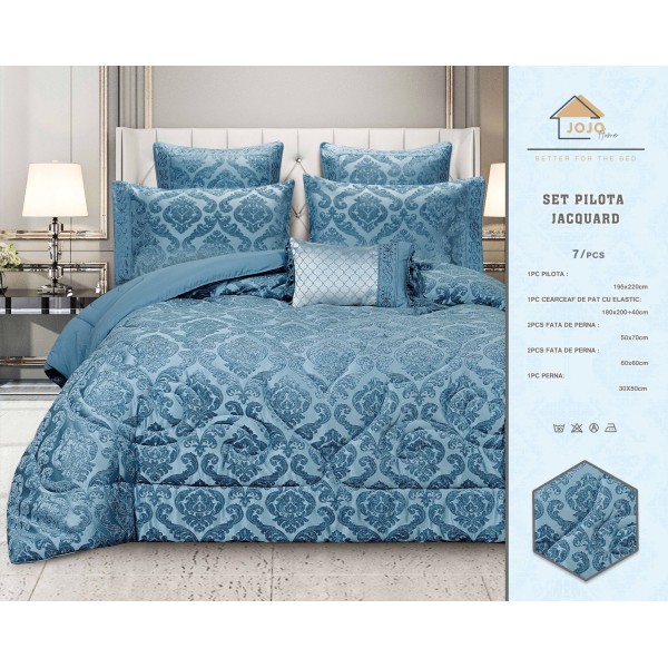 Lenjerie de pat cu elastic si pilota inclusa, bumbac tip jacquard, pat dublu, 7 piese, Albastru, PJD-07