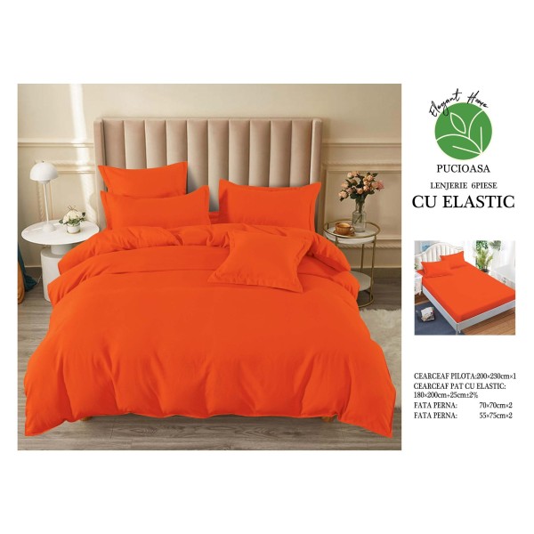 Lenjerie pat dublu, BUMBAC FINET, 6 piese, cu ELASTIC, UNI, Portocaliu, LFU-015