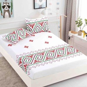 Husa pat cu elastic, Bumbac FINET, 180x200cm, 2 fete de perne 50x70cm,  Alb-Rosu-Verde, model traditional, HDF-136