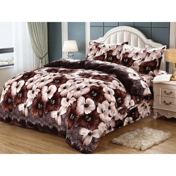 Lenjerie pat cocolino 4 piese – pat dublu, imprimeu, floral, maro si crem, LDC-082