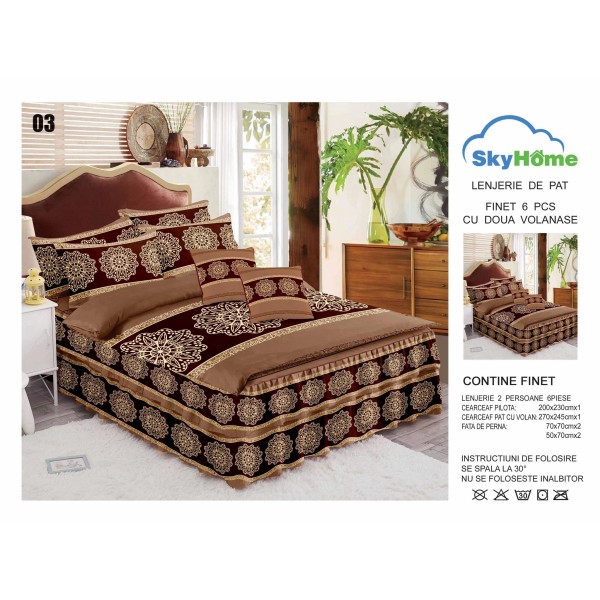 Lenjerie pat dublu, BUMBAC FINET, 6 piese, cu VOLANASE, Maro, elegant, LDV-014