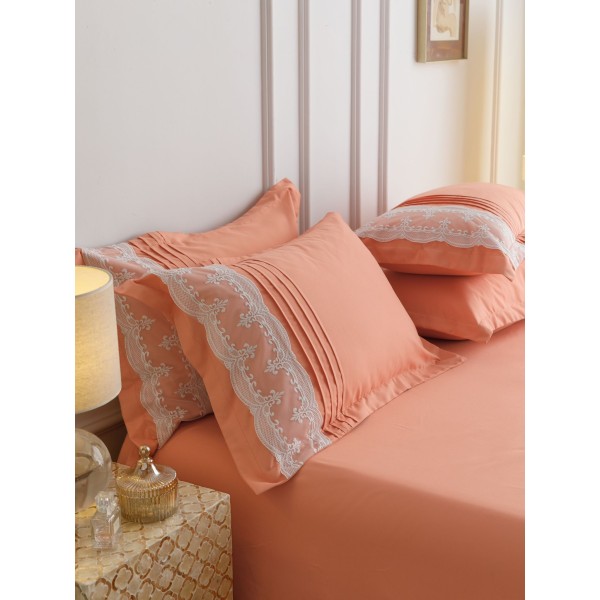 Lenjerie pat dublu finet 6 piese cu pliuri, inimioare și broderie-somon, LIB-033