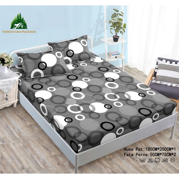 Cearșaf Cocolino cu Elastic 180x200 cm + 2 Fețe de Pernă – Model Cercuri Geometrice, Gri-Alb-Negru, HC-072
