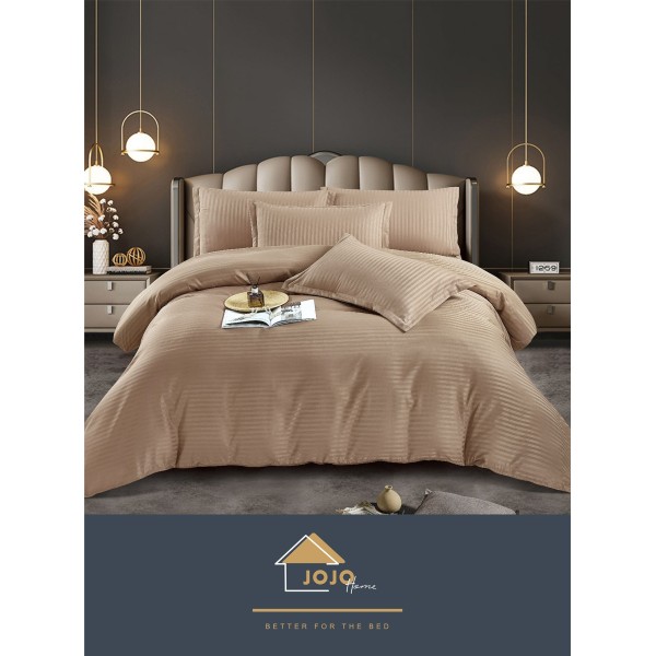 Lenjerie, pat dublu, cu ELASTIC, Damasc Finetat, 6 piese, Bej-inchis, LDS-052