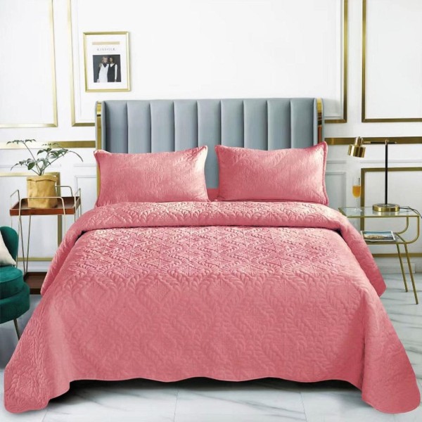 Set Cuvertura de Pat din Catifea, 3 Piese, Pat 2 Persoane, Roz, CCV-118