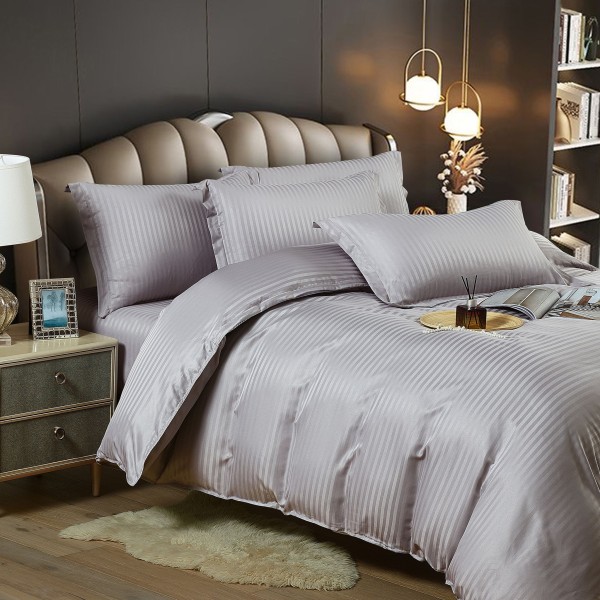 Lenjerie, pat dublu, cu ELASTIC, Damasc Finetat, 6 piese, Gri-deschis, LDS-061