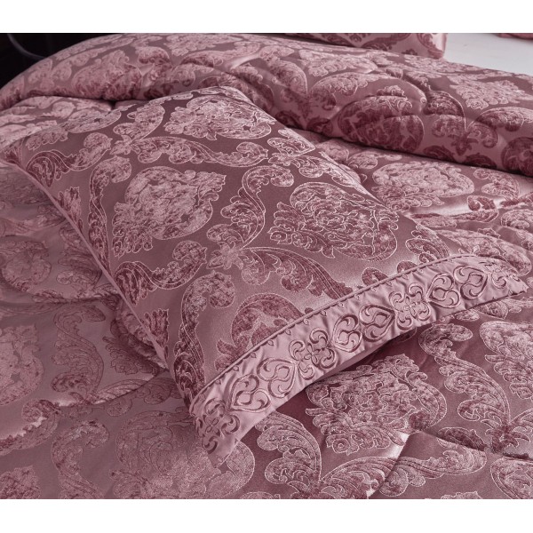 Lenjerie de pat cu elastic si pilota inclusa, bumbac tip jacquard, pat dublu, 7 piese, Roz inchis, PJD-04