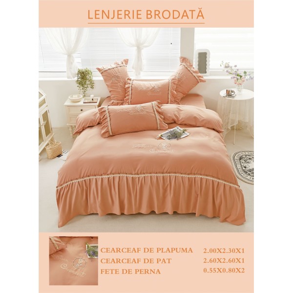 Lenjerie brodata pentru pat dublu, BUMBAC-FINET-FIN, 4 piese, cu VOLANASE, Portocaliu, LFB-021 Lenjerie brodata pentru pat dublu, BUMBAC-FINET-FIN, 4 piese, cu VOLANASE, Portocaliu, LFB-021