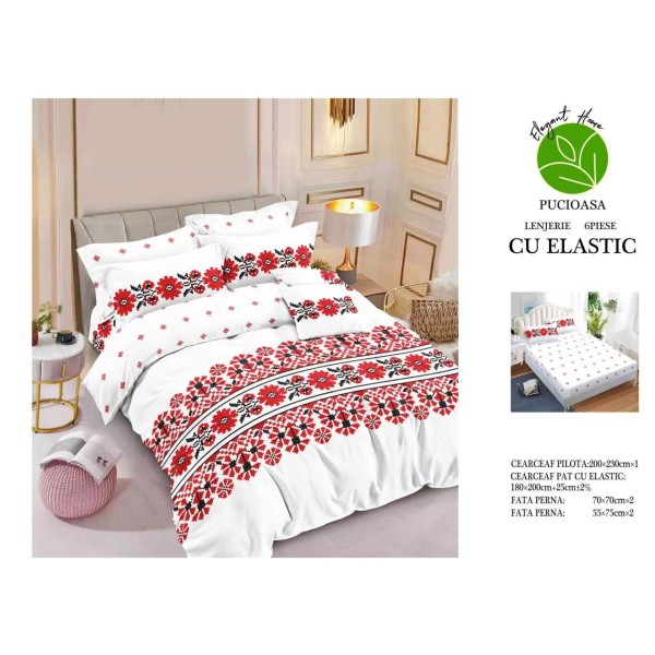 Set Lenjerie de pat din Finet Gros, Cearceaf cu ELASTIC, 6 Piese, Pat 2 Persoane, Multicolor, model traditional, LDE-004