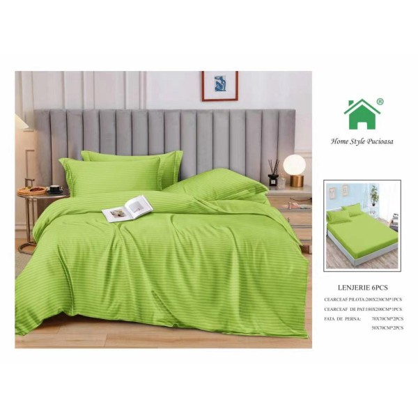 Lenjerie, pat dublu, cu ELASTIC, Damasc Finetat, 6 piese, Verde, LDS-075