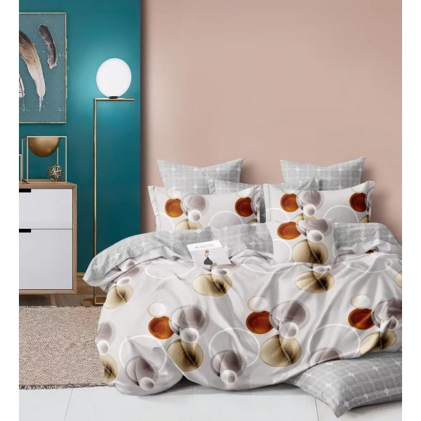 Lenjerie pat dublu, 4 piese, Bumbac Satinat Superior, Gri-Multicolor, cercuri, OLBS-018