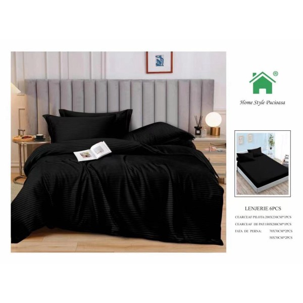 Lenjerie, pat dublu, cu ELASTIC, Damasc Finetat, 6 piese, Negru, LDS-067