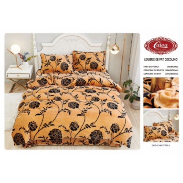Lenjerie pat dublu, Super Pufoasa COCOLINO, 4 piese, Bej-Negru, flori, LDC-009