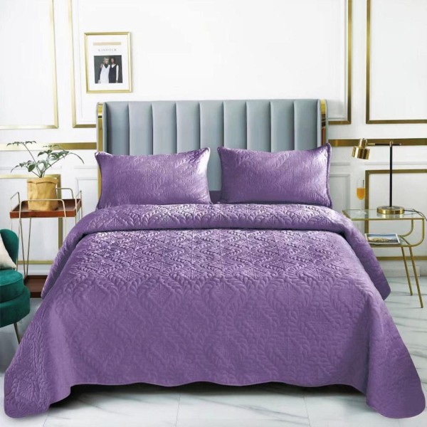 Set Cuvertura de Pat din Catifea, 3 Piese, Pat 2 Persoane, Mov, CCV-124