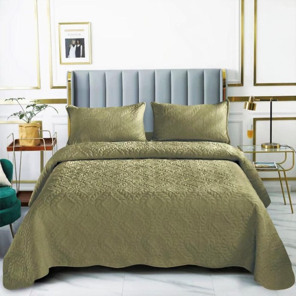 Set Cuvertura de Pat din Catifea, 3 Piese, Pat 2 Persoane, Verde, CCV-119