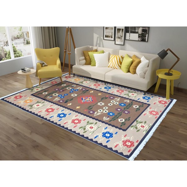 Covor Traditional Antiderapant, 80x150 cm, Gri-Maro, floricele, CAM-029