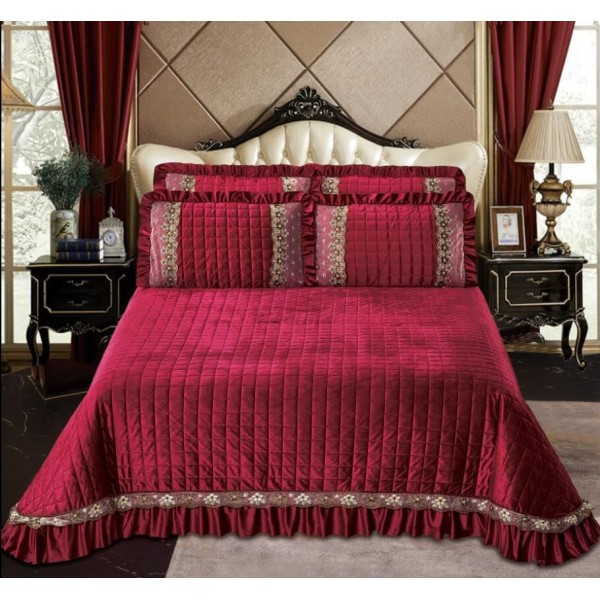 Cuvertura de Pat din Catifea + 2 Fete de Perna - Pat 2 Persoane, Grena, CCB-034