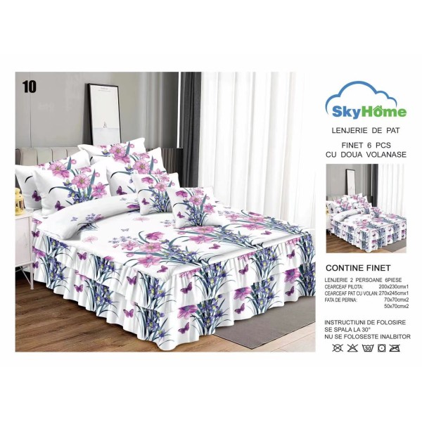 Lenjerie pat dublu, BUMBAC FINET, 6 piese, cu VOLANASE, Alb, flori, LDV-016