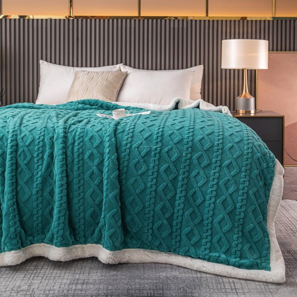 Patura Cocolino cu Blanita, Model Tricotat, Pat 2 Persoane, 200x230 cm, Turquoise, PCT-013