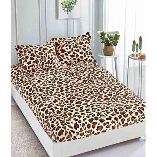 Cearșaf Cocolino cu Elastic 180x200 cm + 2 Fețe de Pernă – Model Leopard, Culoare Bej-Maroniu, HC-006