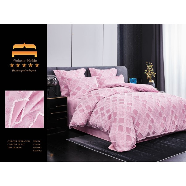 Lenjerie pat dublu, Finet Deluxe cu Smocuri Brodate, 6 piese, Roz, LSB-009