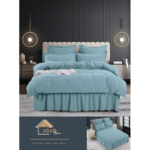 Lenjerie pat dublu, BUMBAC FINET, 6 piese, cu volanase, Jojo, Bleu, LVU-010