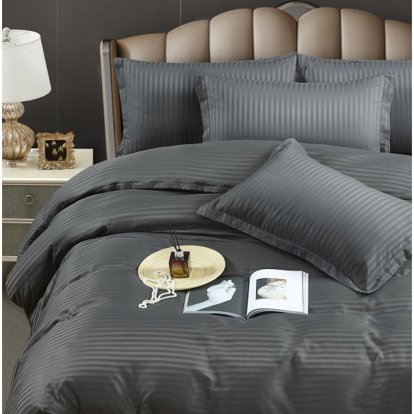 Lenjerie, pat dublu, cu ELASTIC, Damasc Finetat, 6 piese, Gri inchis, LDS-059