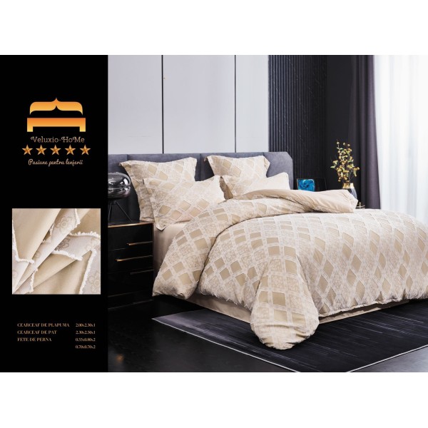 Lenjerie pat dublu, Finet Deluxe cu Smocuri Brodate, 6 piese, Bej, LSB-008