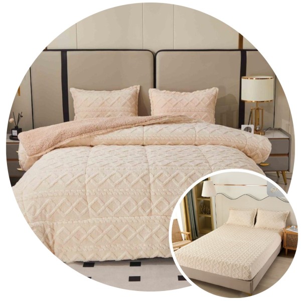 Pachet Promo: Pilota Pufoasa CoCoLiNo, Plus, Husa de Pat cu Elastic, 6 piese, model Tricotat, Crem, PH-007