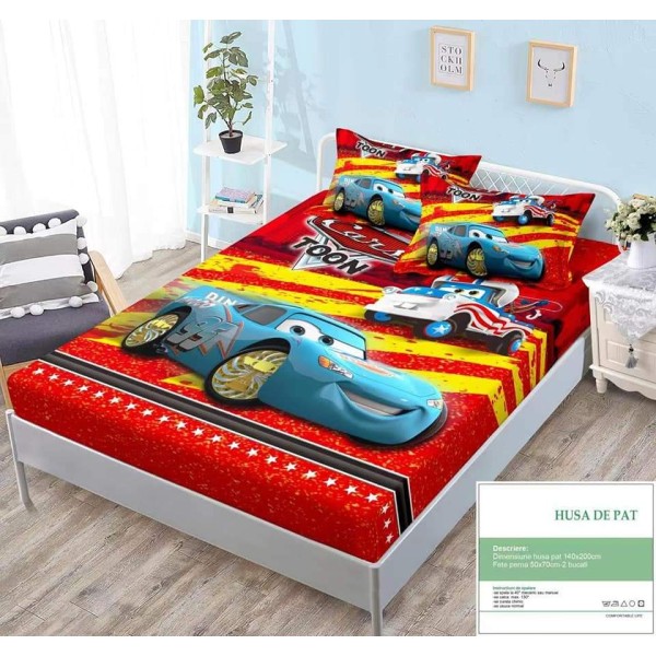 Set Husa de pat cu elastic, Bumbac Finet, 140x200cm, plus 2 fete de perne, Multicolor, Cars-Toon, HPC-022