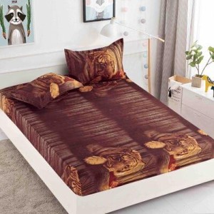 Husa pat cu elastic, Bumbac FINET, 180x200cm, 2 fete de perne 50x70cm, Maro, tigri, HDF-131