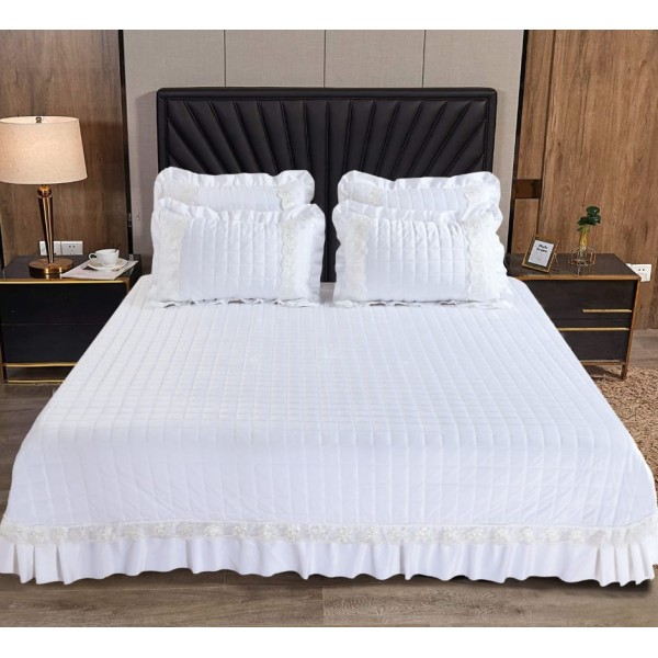 Cuvertura de Pat din Catifea + 2 Fete de Perna - Pat 2 Persoane, Alb-Broderie, CCB-035