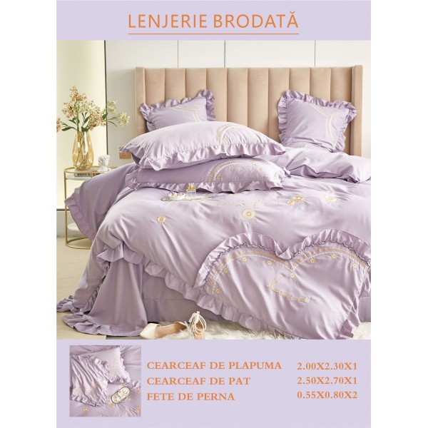 Lenjerie brodata pentru pat dublu, BUMBAC-FINET-FIN, 4 piese, cu VOLANASE, Lila, LFB-015 Lenjerie brodata pentru pat dublu, BUMBAC-FINET-FIN, 4 piese, cu VOLANASE, Lila, LFB-015