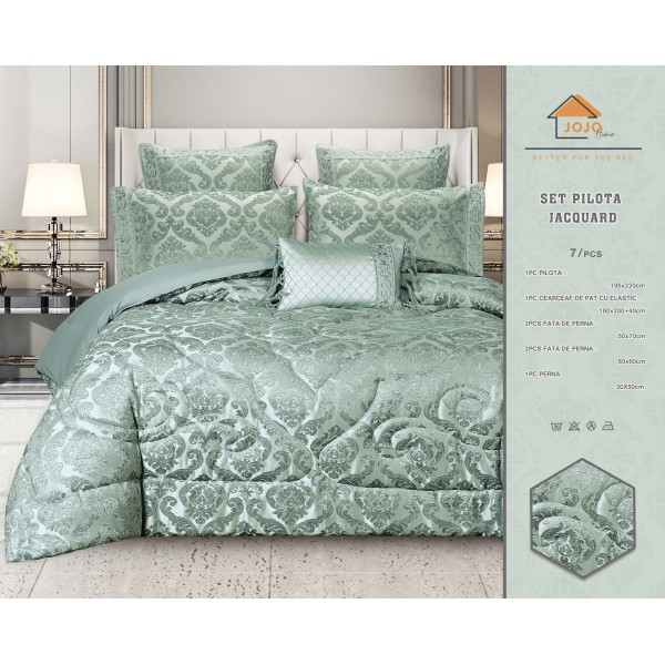 Lenjerie de pat cu elastic si pilota inclusa, bumbac tip jacquard, pat dublu, 7 piese, Vernil, PJD-03