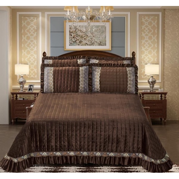 Cuvertura de Pat din Catifea + 2 Fete de Perna - Pat 2 Persoane, Maro, CCB-024