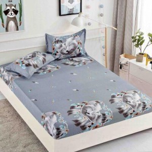 Husa pat cu elastic, Bumbac FINET, 180x200cm, 2 fete de perne 50x70cm, Gri, pene, lupi, HDF-126