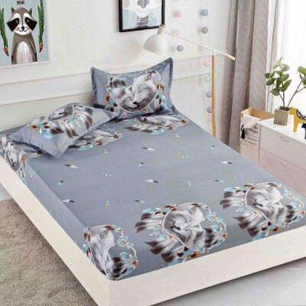 Husa pat cu elastic, Bumbac FINET, 180x200cm, 2 fete de perne 50x70cm, Gri, pene, lupi, HDF-126
