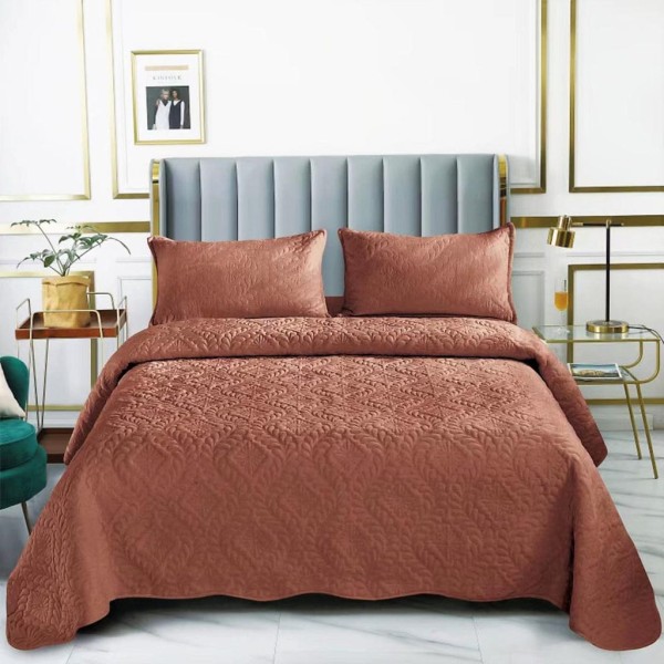 Set Cuvertura de Pat din Catifea, 3 Piese, Pat 2 Persoane, Maro, CCV-120