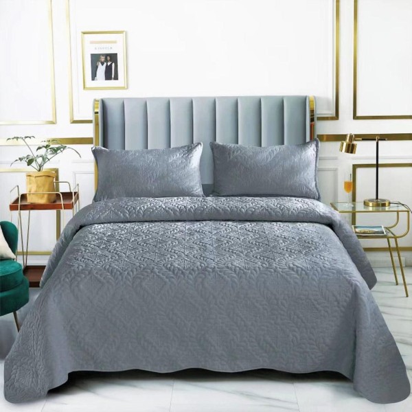Set Cuvertura de Pat din Catifea, 3 Piese, Pat 2 Persoane, Gri-Inchis, CCV-129