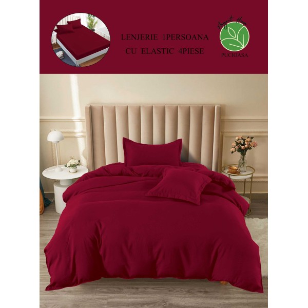 Lenjerie de Pat din Finet, 4 Piese, Pat 1 Persoana, cu ELASTIC, Bordo, LFS-050