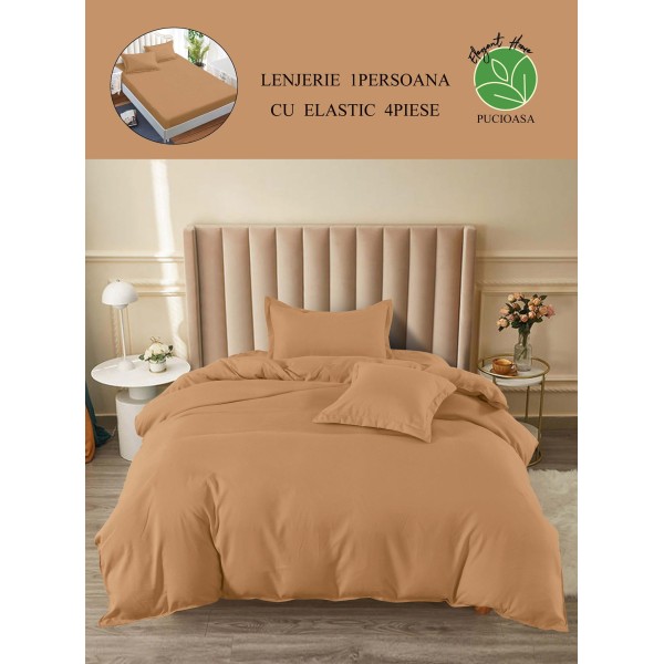Lenjerie de Pat din Finet, 4 Piese, Pat 1 Persoana, cu ELASTIC, Bej, LFS-047