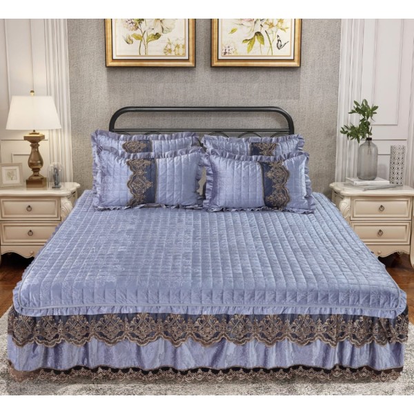 Cuvertura de Pat din Catifea + 2 Fete de Perna - Pat 2 Persoane, Albastru, CCB-036